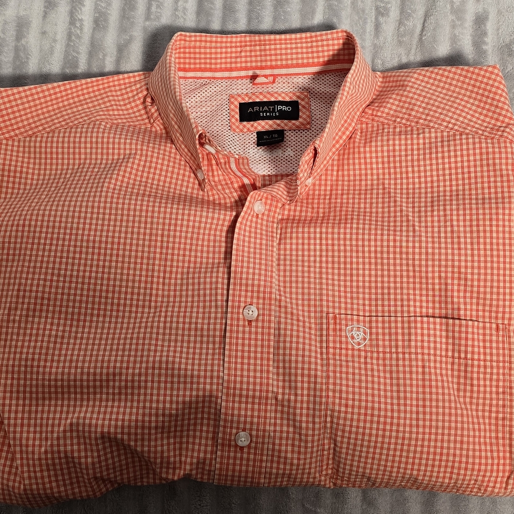 Ariat Pro Series Men XL Orange Gingham Short Sleeve Western Button Shirt Vent568